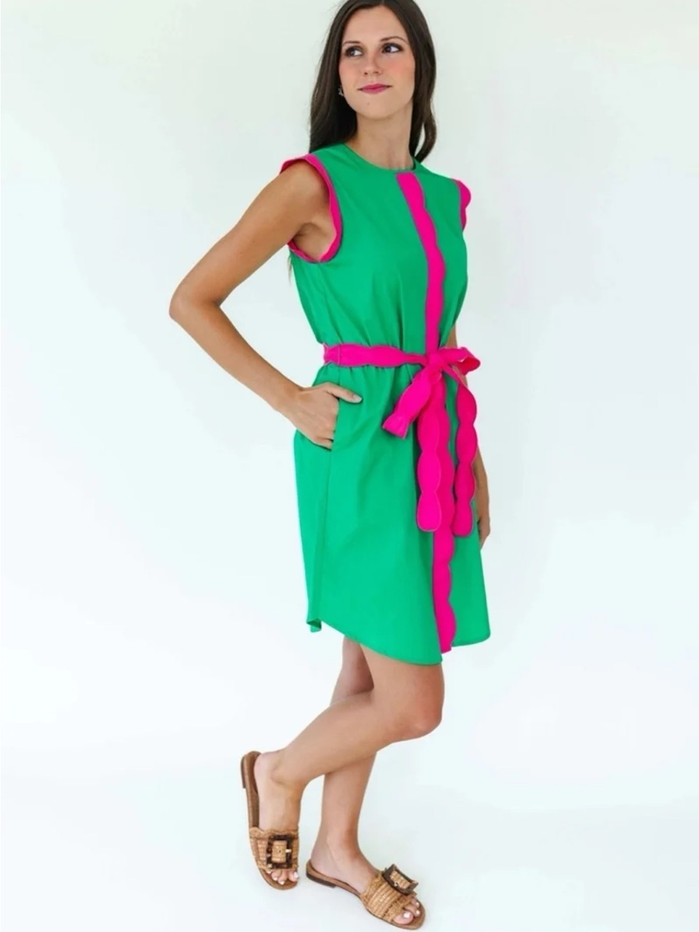 Mary George VIVIAN DRESS in Green with Pink Belted Mini Dress size Medium - Picture 6 of 12